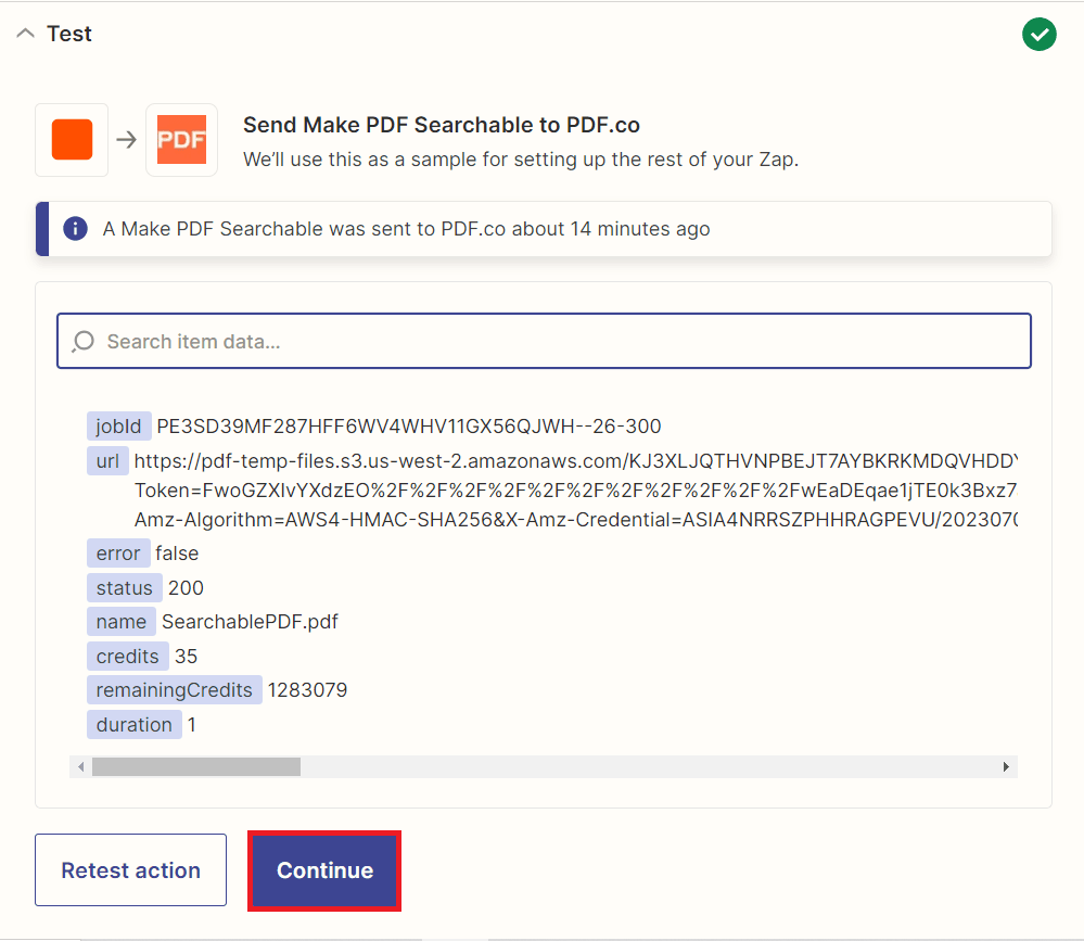 Zapier: PDF.co Searchable action result