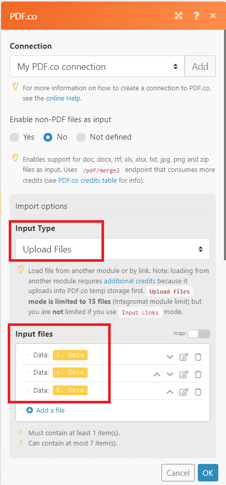 Screenshot of Merge a PDF configuration