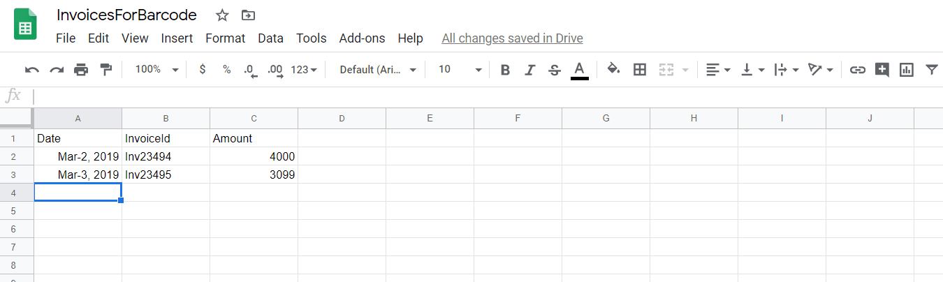 Spreadsheet Record Of Invoice To Generate Barcode