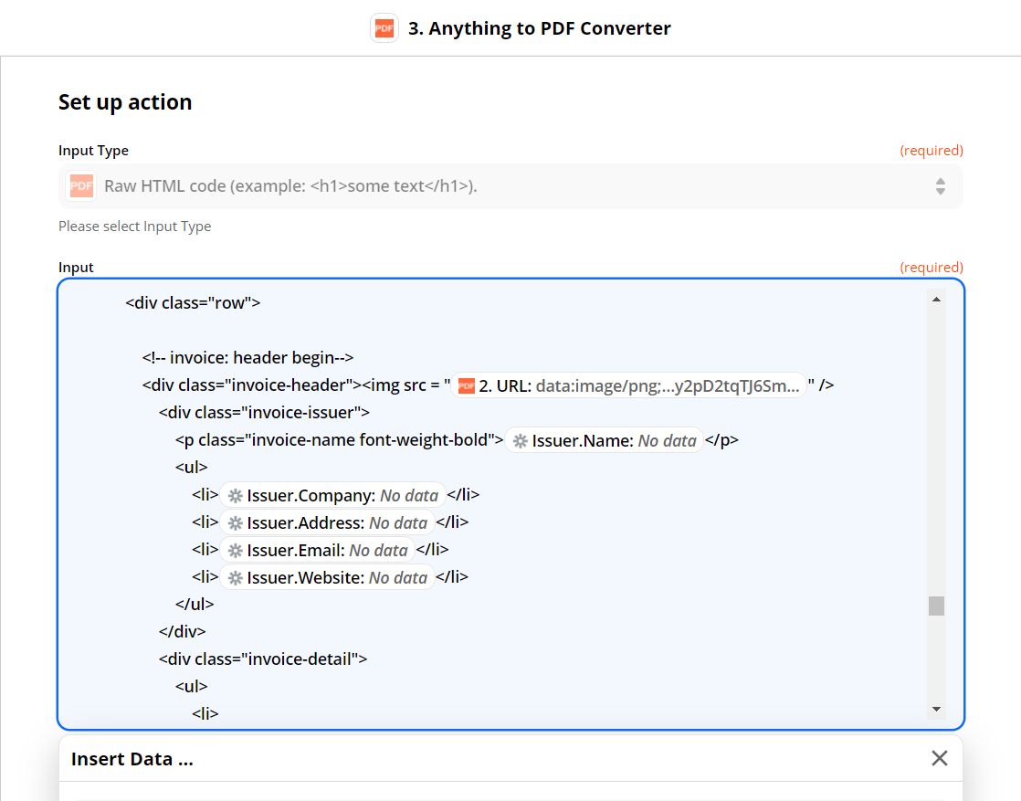 Screenshot of inputting HTML code in Set up action