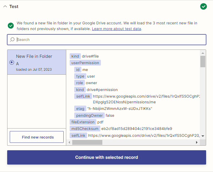 Zapier Google Drive: Test Trigger Result