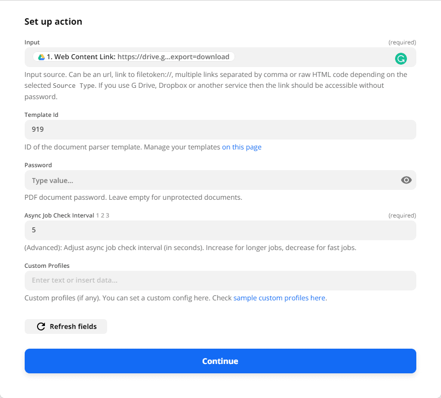 Under Setup Action set the Input into Web Content Link and set the Template ID into the template that you want to use with Document Parser