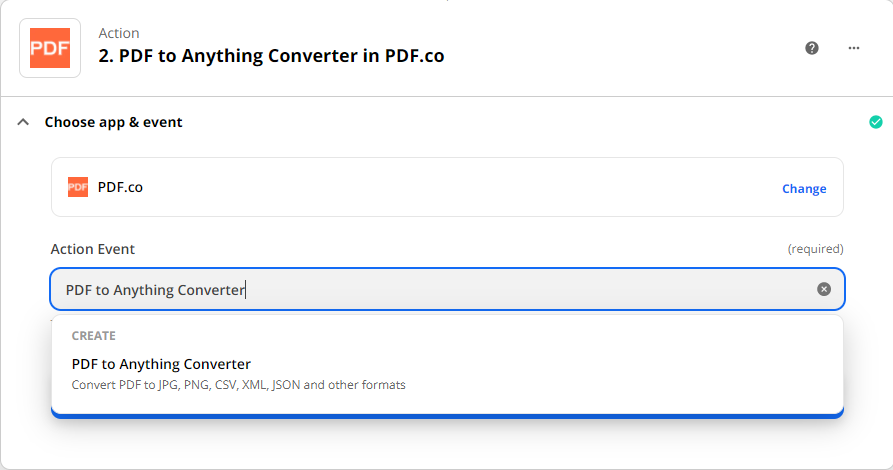 Selecting PDF to Anything Converter as the action event
