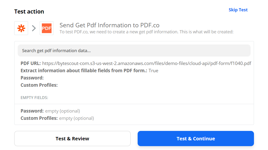 Sending our PDF information configuration data to PDF.co to Test & Review