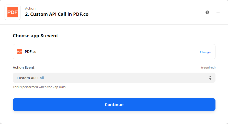 Choosing PDF.co as the App Event and Custom API Call as the Action Event