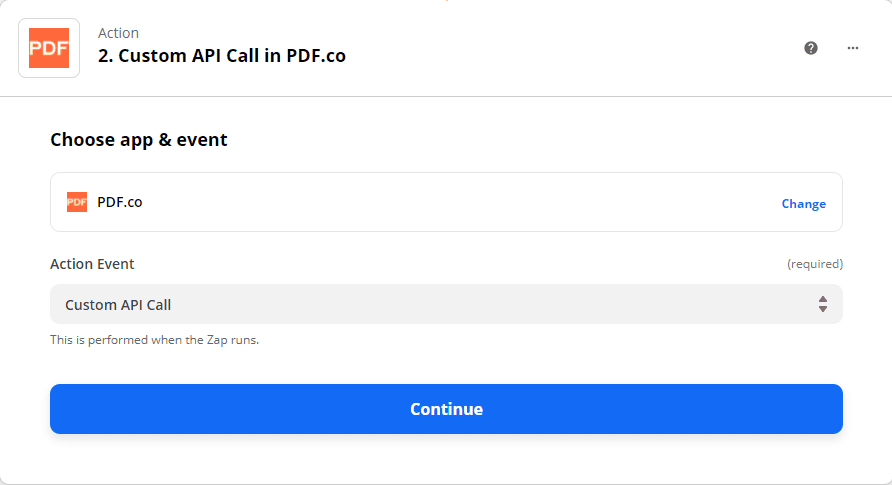 Choosing PDF.co as the App Event and Custom API Call as the Action Event