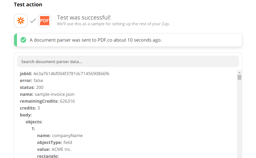 Document Parser Test Returned Parsed Text