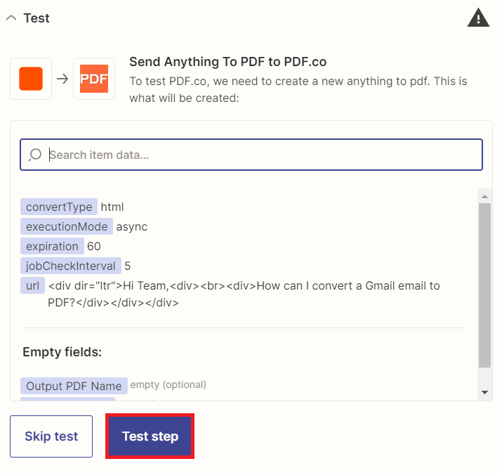 Send Anything To PDF To Test Step