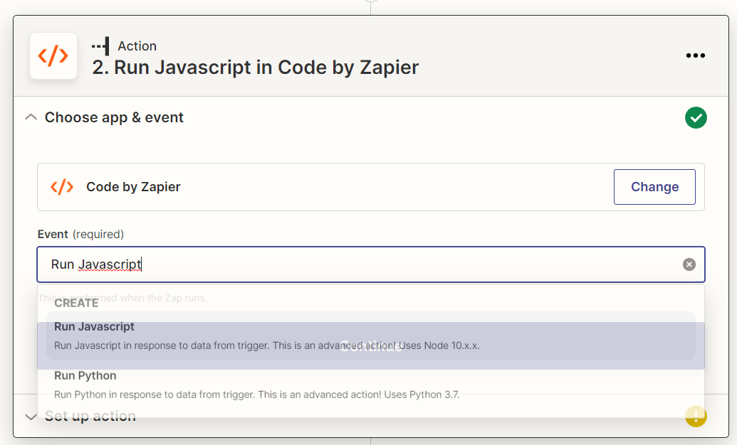 Run JavaScript code by Zapier