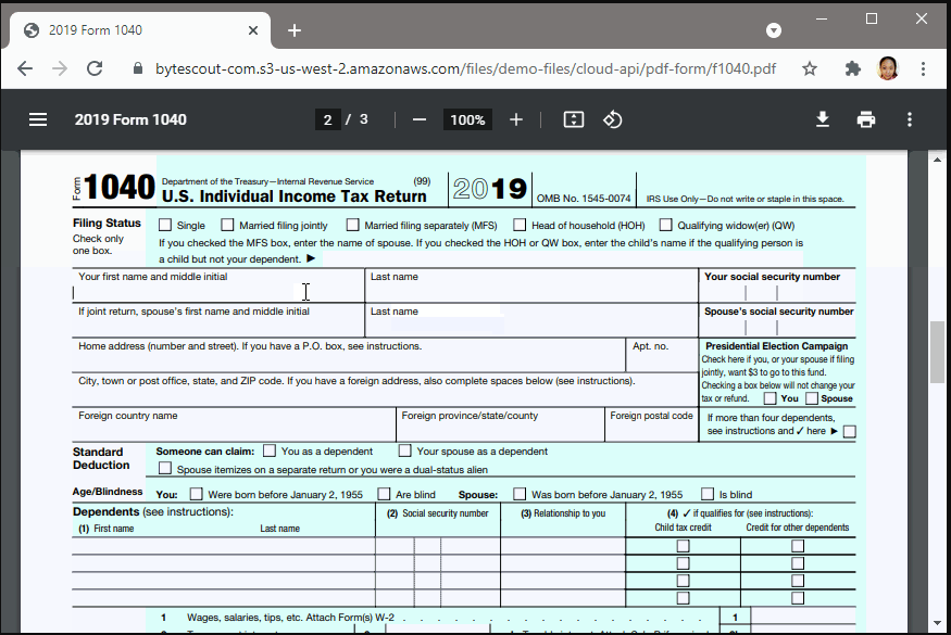 Image of fillable 2019 IRS Form 1040