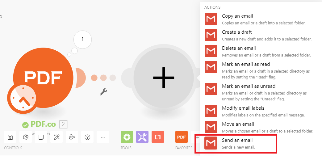 Screenshot of selecting "Send Email" module on Gmail