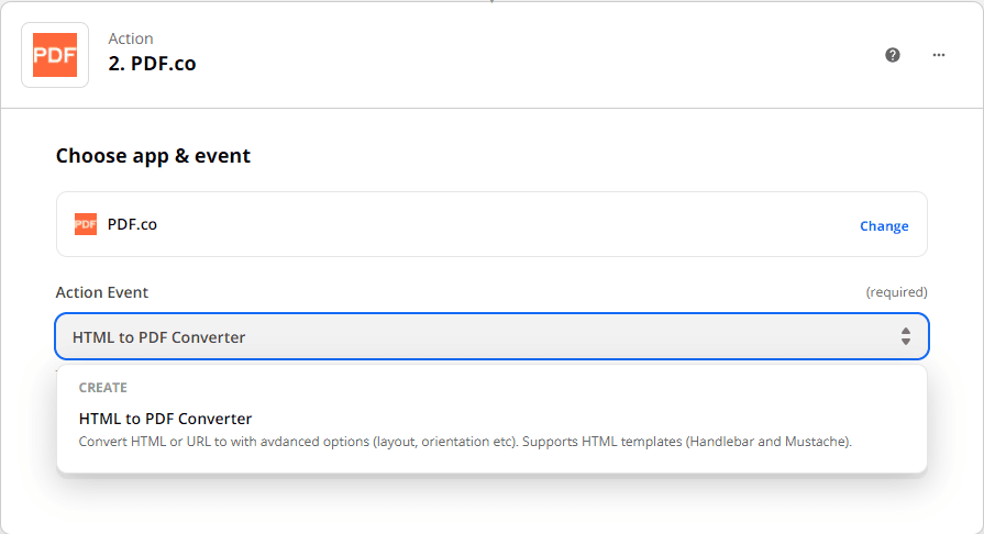 Choosing HTML to PDF Converter Action Event