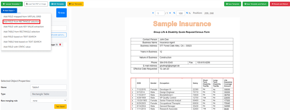 Add field from rectangle selection object