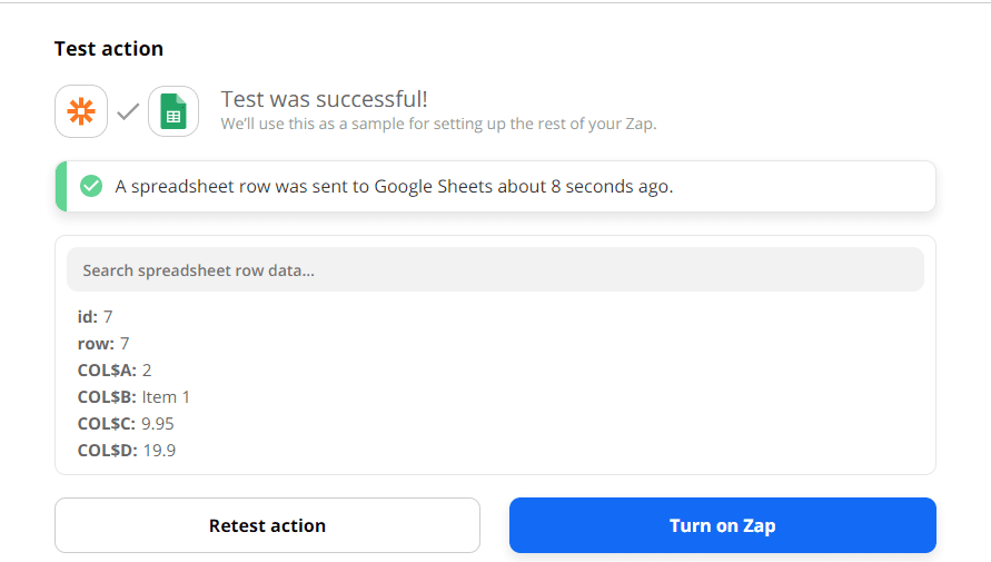 Spreadsheet Row Test Action Of Spreadsheet RowTest Result