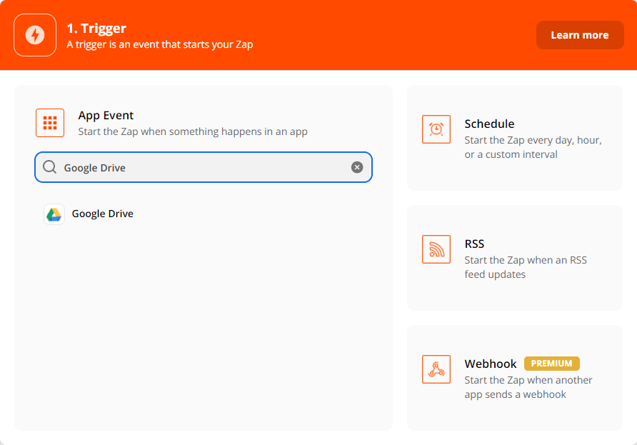 Choosing google drive as the trigger app