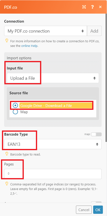 Screenshot of configuring the Read a Barcode module