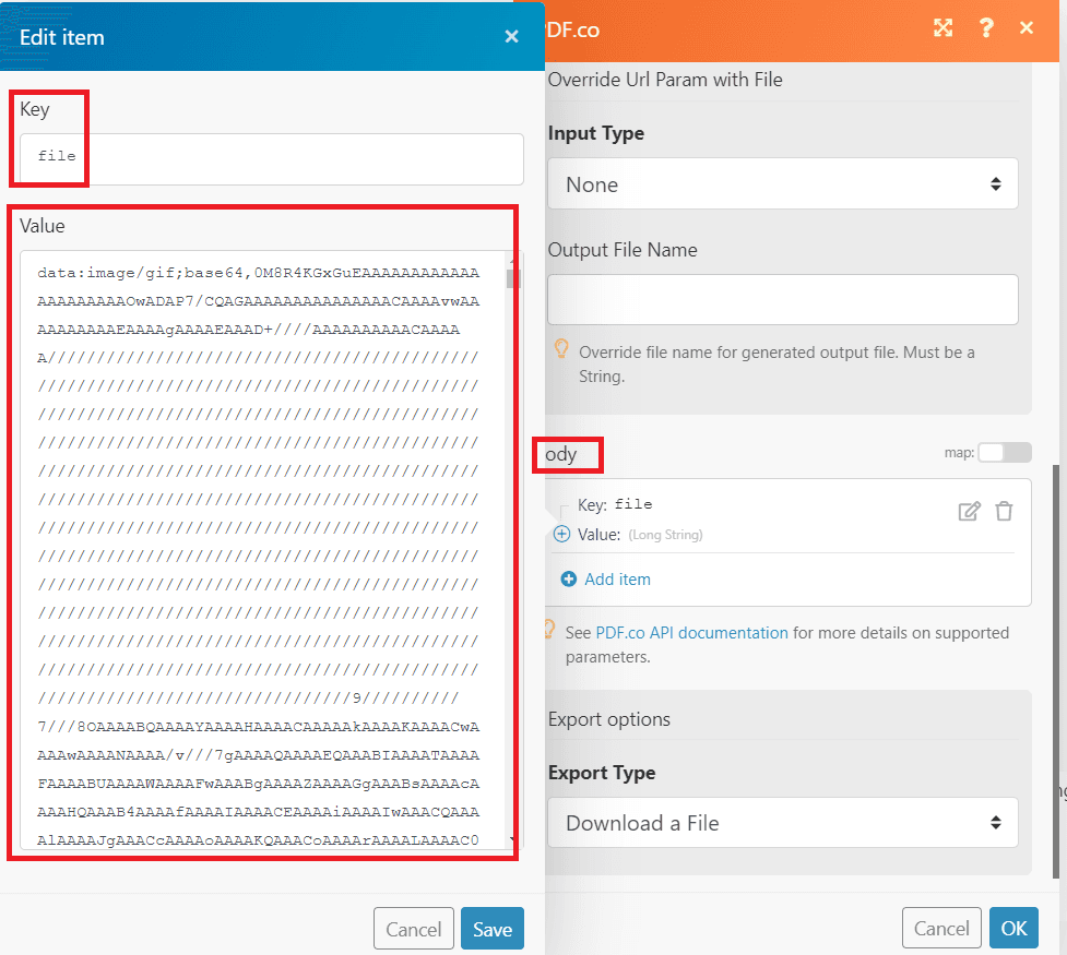 Enter data for Key and Value fields