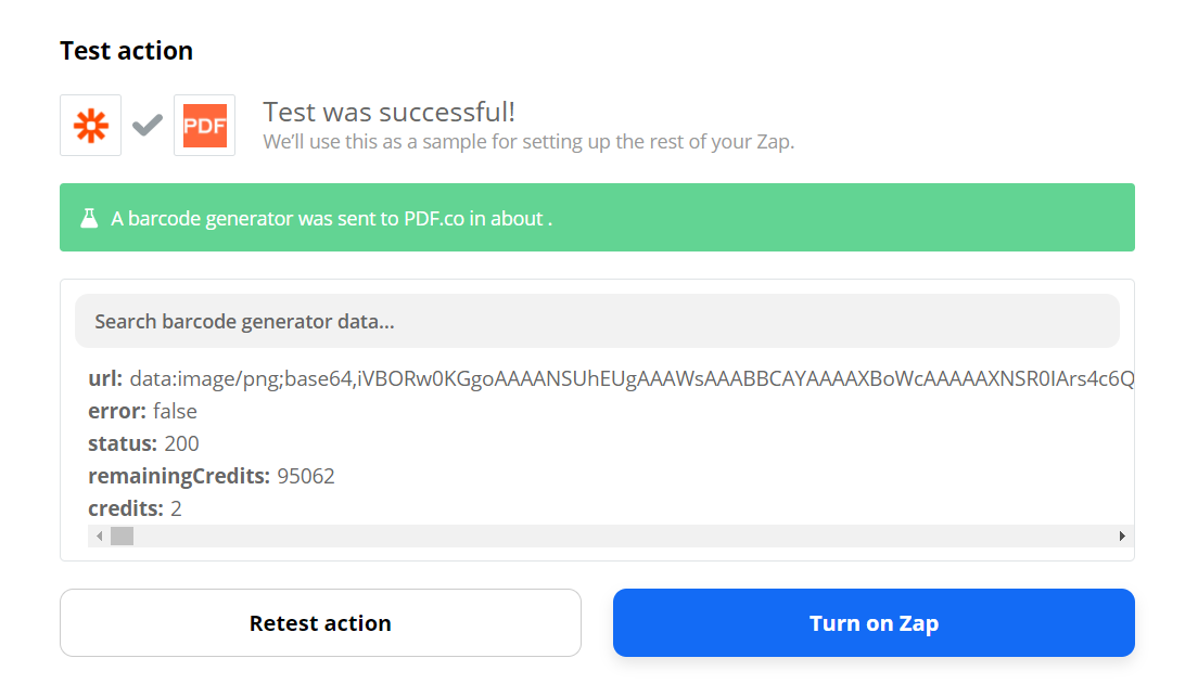 Screenshot of successful Test action
