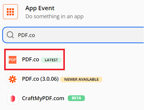 Screenshot of choosing PDF.co as the Action App