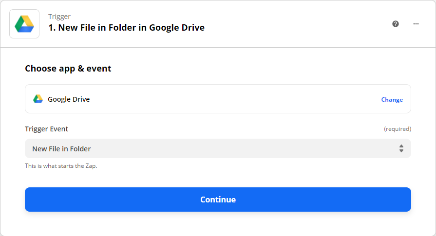 Selecting Google Drive as the Trigger and New File in Folder as the Trigger Event