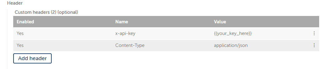 Screenshot of header configuration