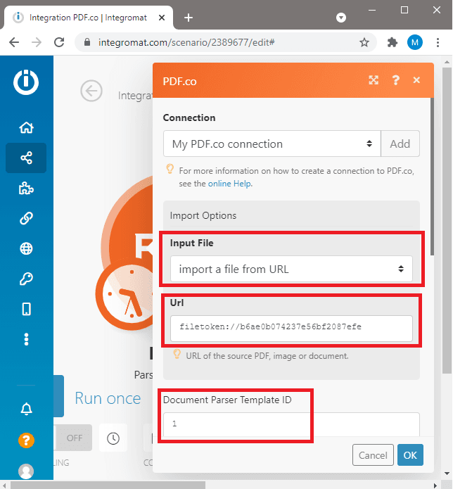 Screenshot of configuring PDF.co module