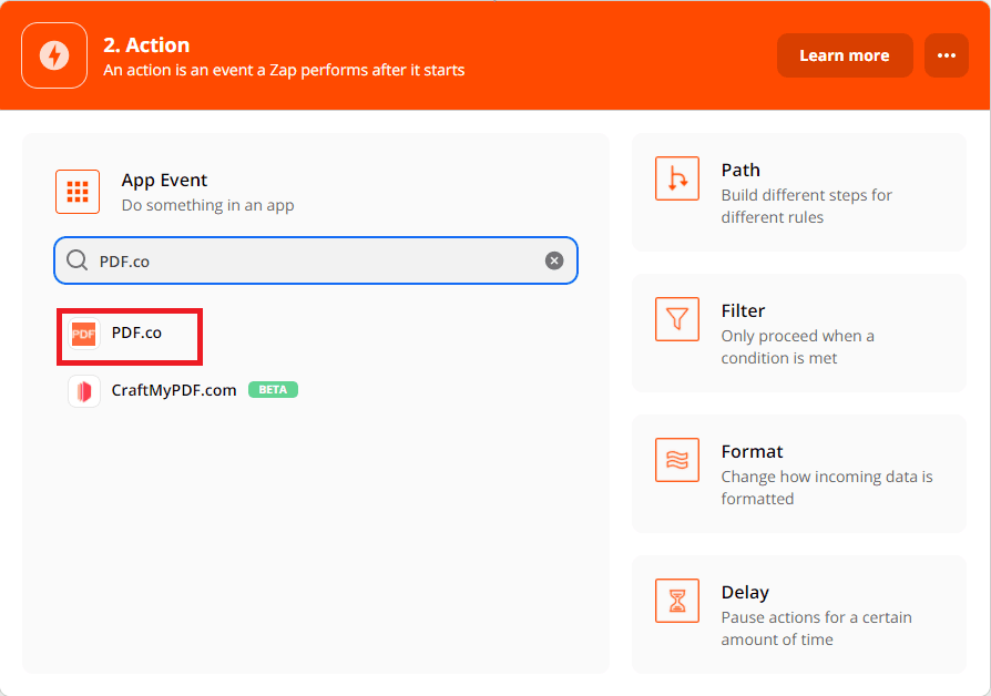 Select PDF.co as the action app