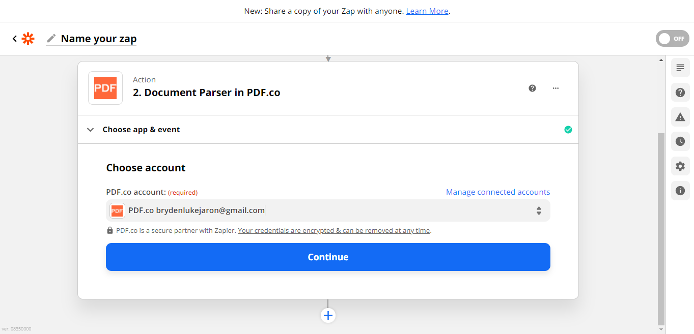 Screenshot of connecting PDF.co account