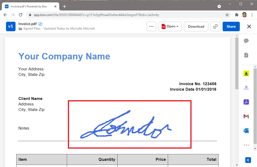 Signed PDF File Uploaded In Box