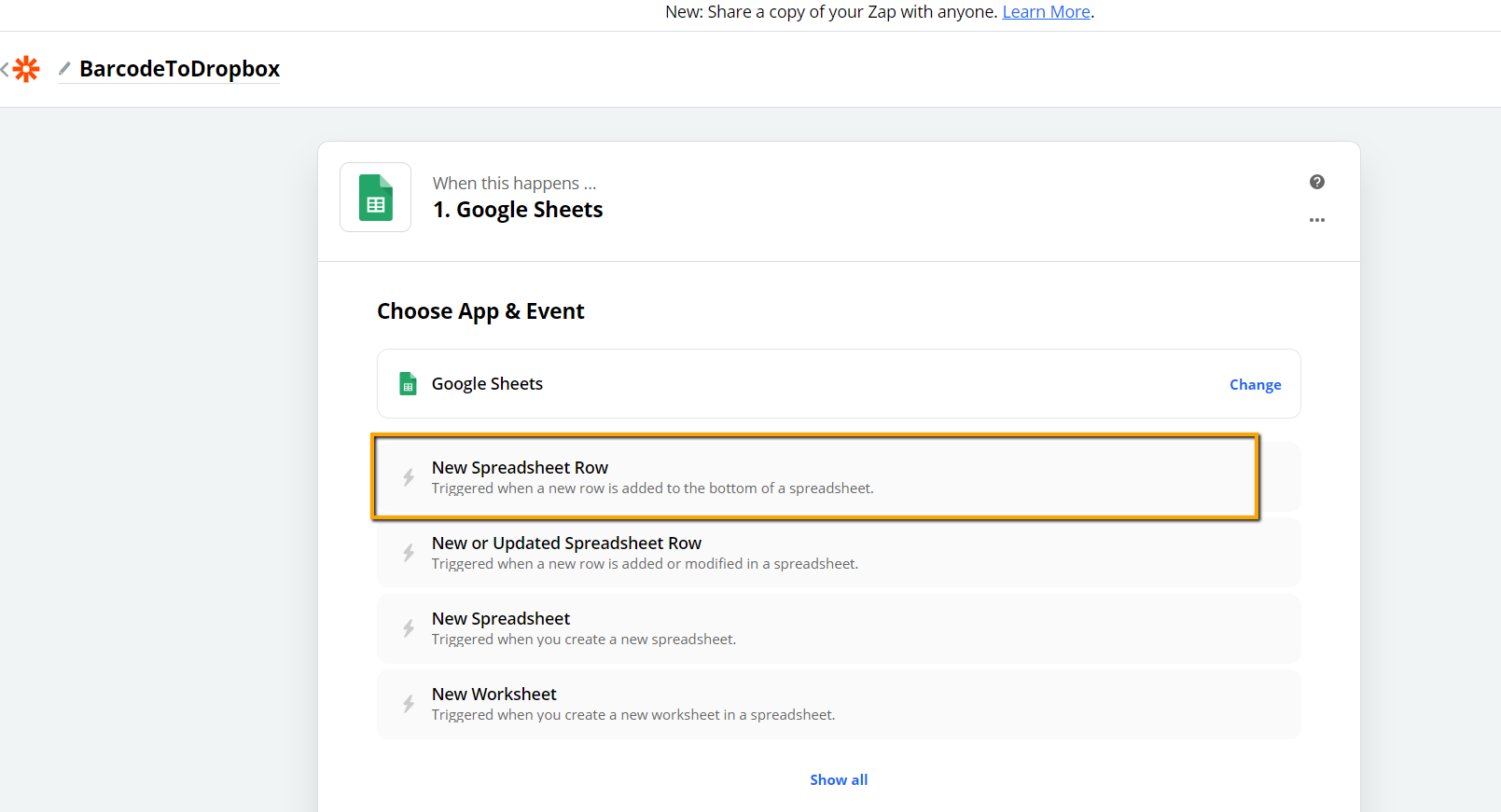Select Google Sheets and New Spreadsheets Row As The Trigger