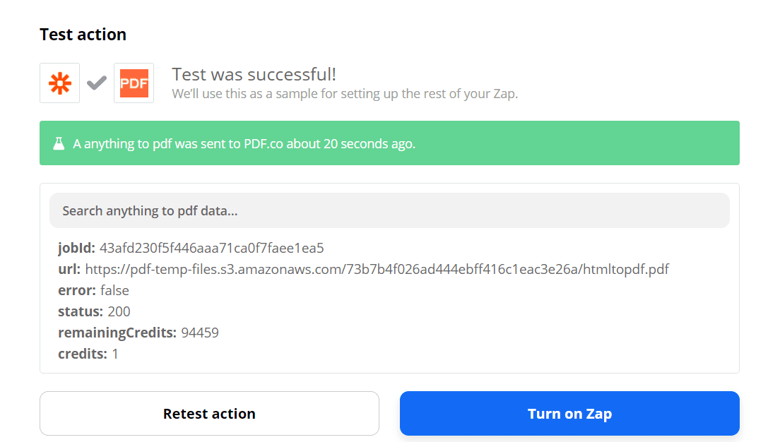 Screenshot of successful Test action