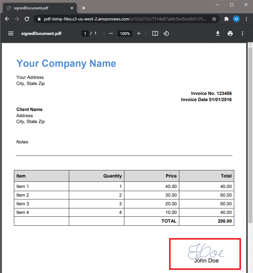 PDF Output With Affixed Name And Signature