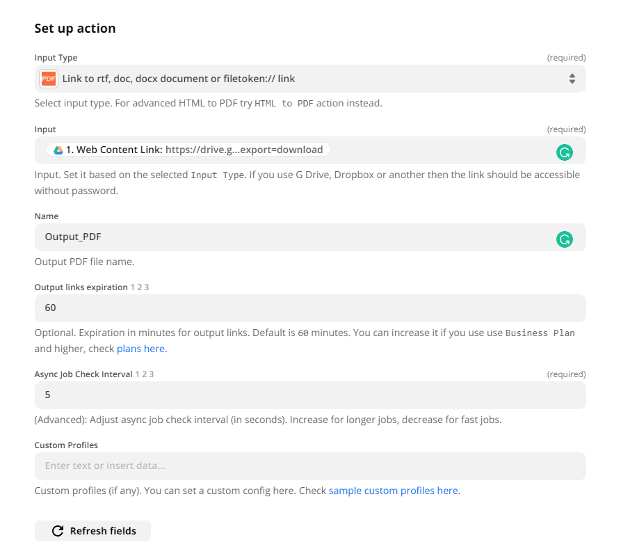 Setup action parameters